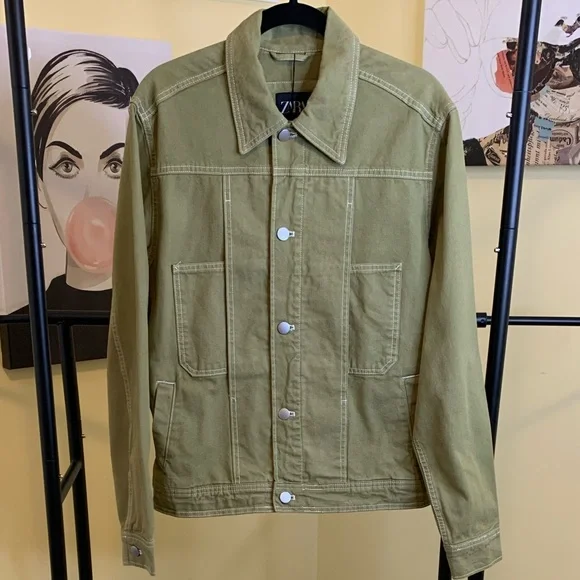 Men’s NWT ZARA Denim Jacket in Green/Khaki, Size Small - Picture 4 of 5